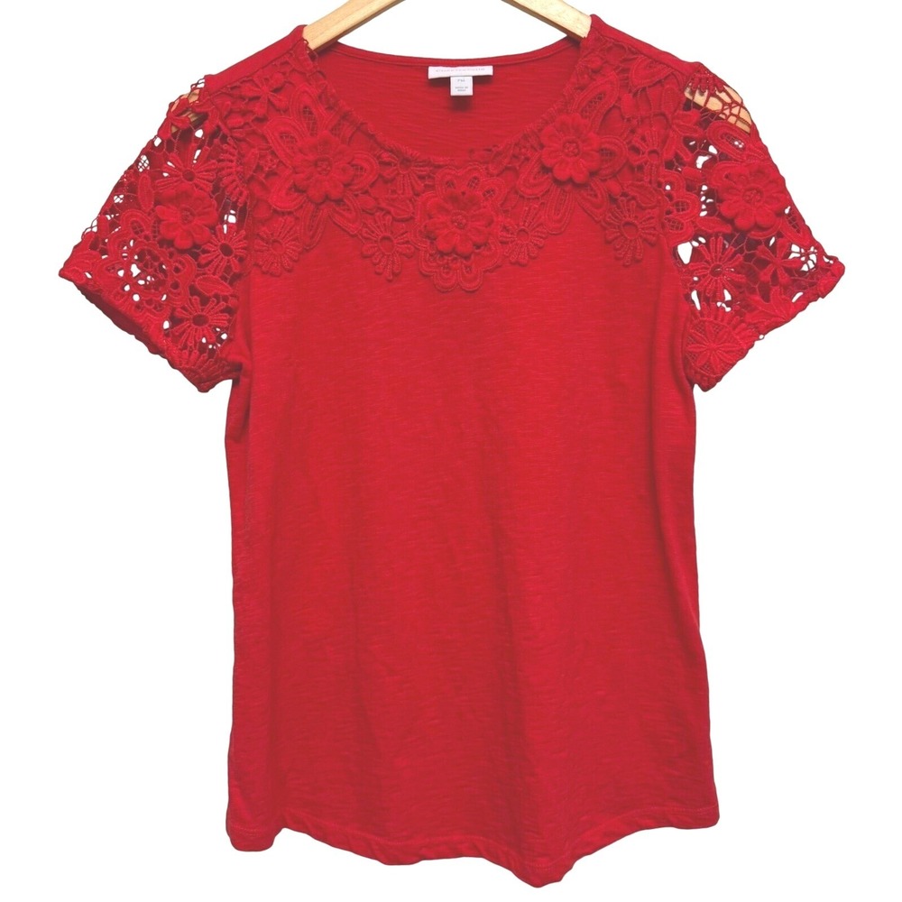 Charter Club Medium Petite Shirt Womens Red Crochet Lace Floral Short Sleeve Top